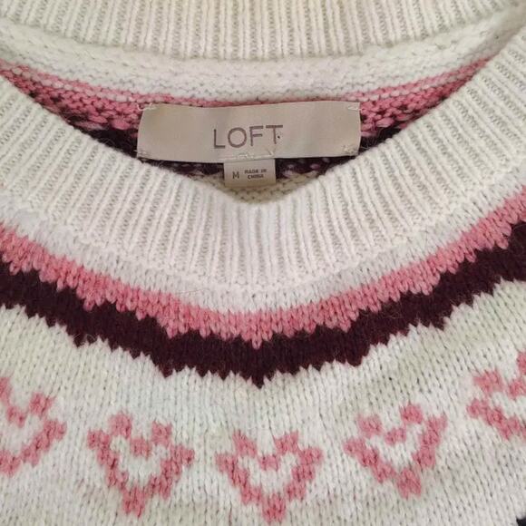 LOFT Women's Fairisle Heart Pullover Knit Crewneck Sweater Cream/Pink Size M - Picture 4 of 8
